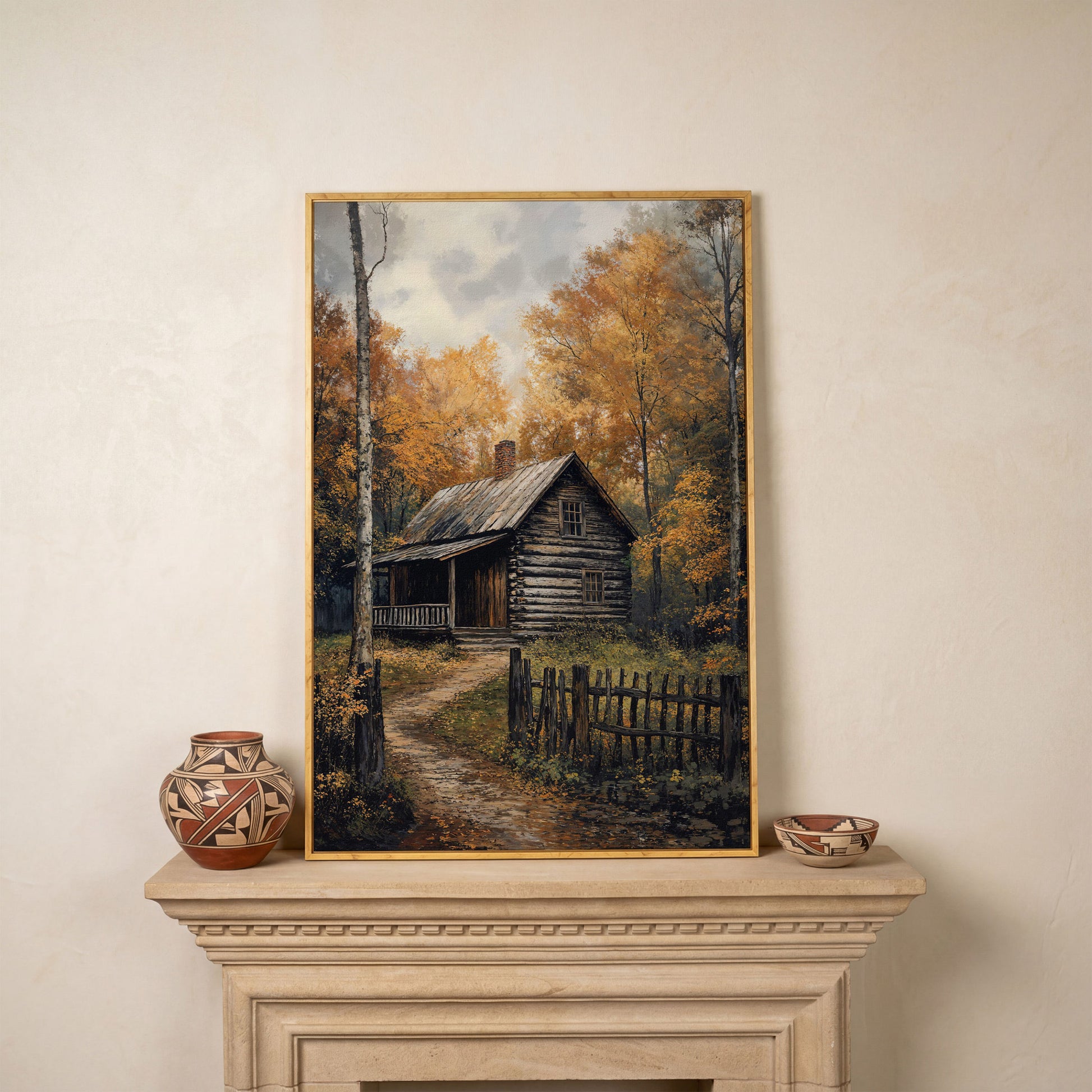 Rustic Cabin in Forest Canvas in white oak floating frame