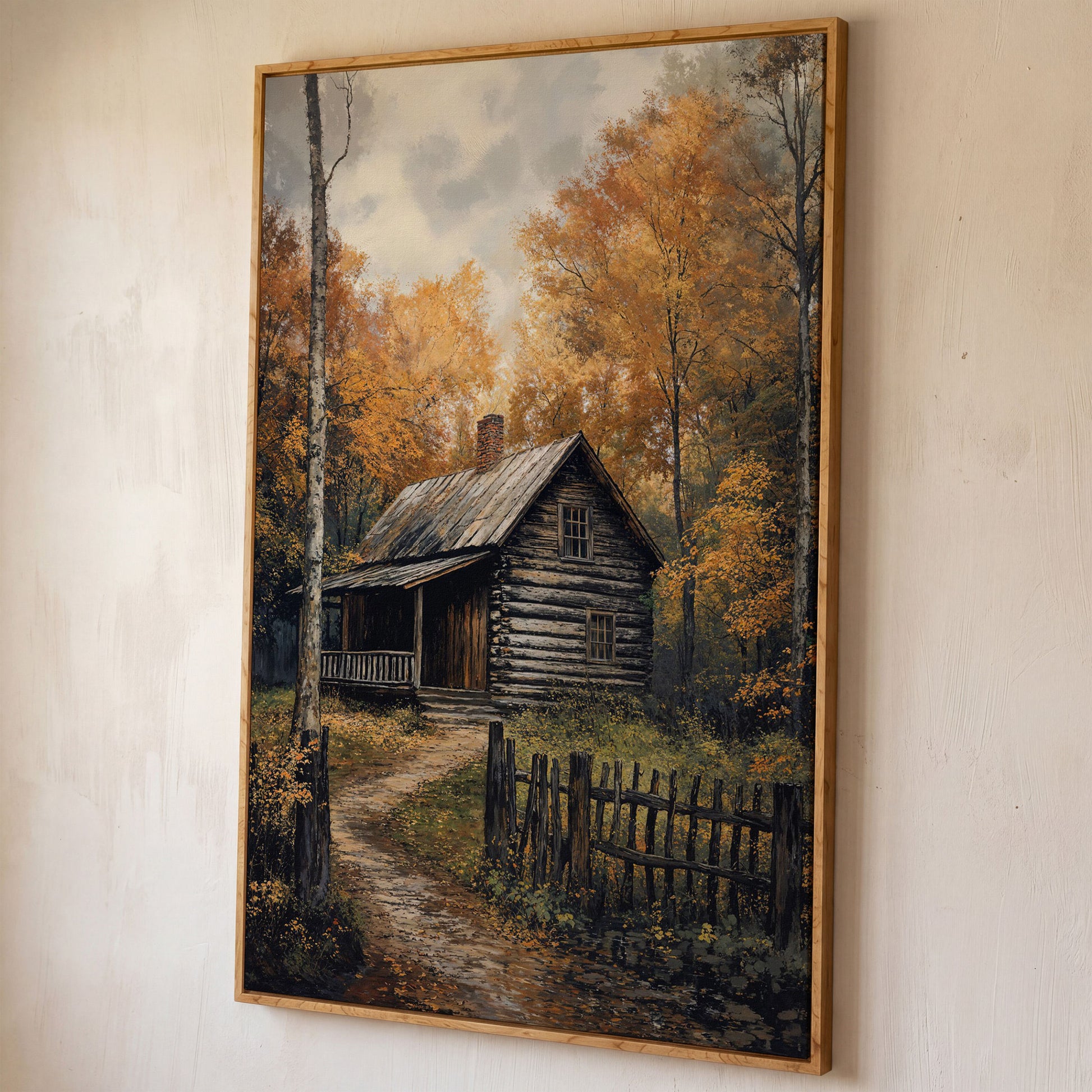 Rustic Cabin in Forest Canvas shown in white oak floating frame