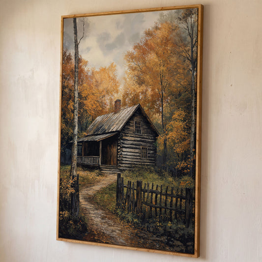 Rustic Cabin in Forest Canvas shown in white oak floating frame