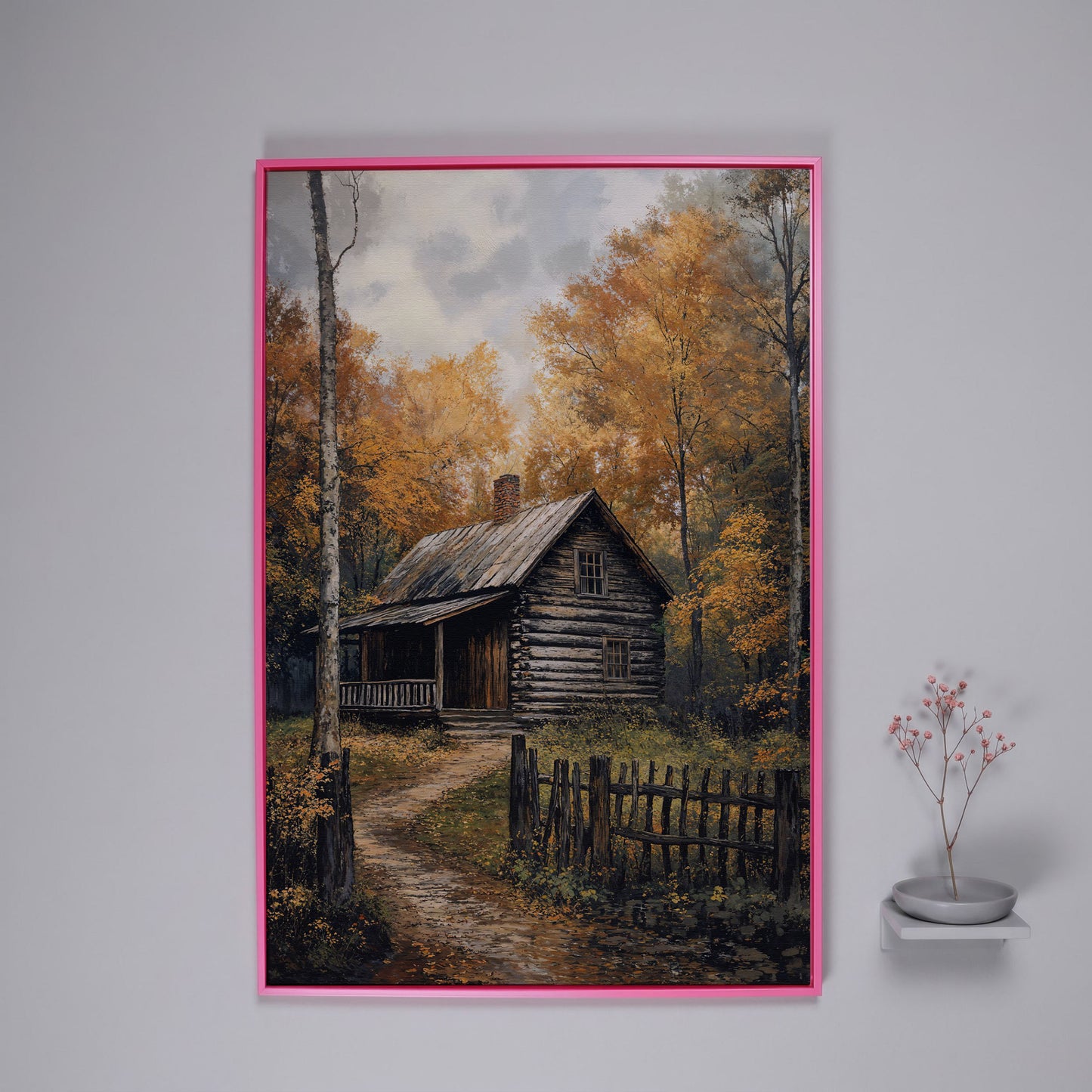Rustic Cabin in Forest Canvas in pink floating frame