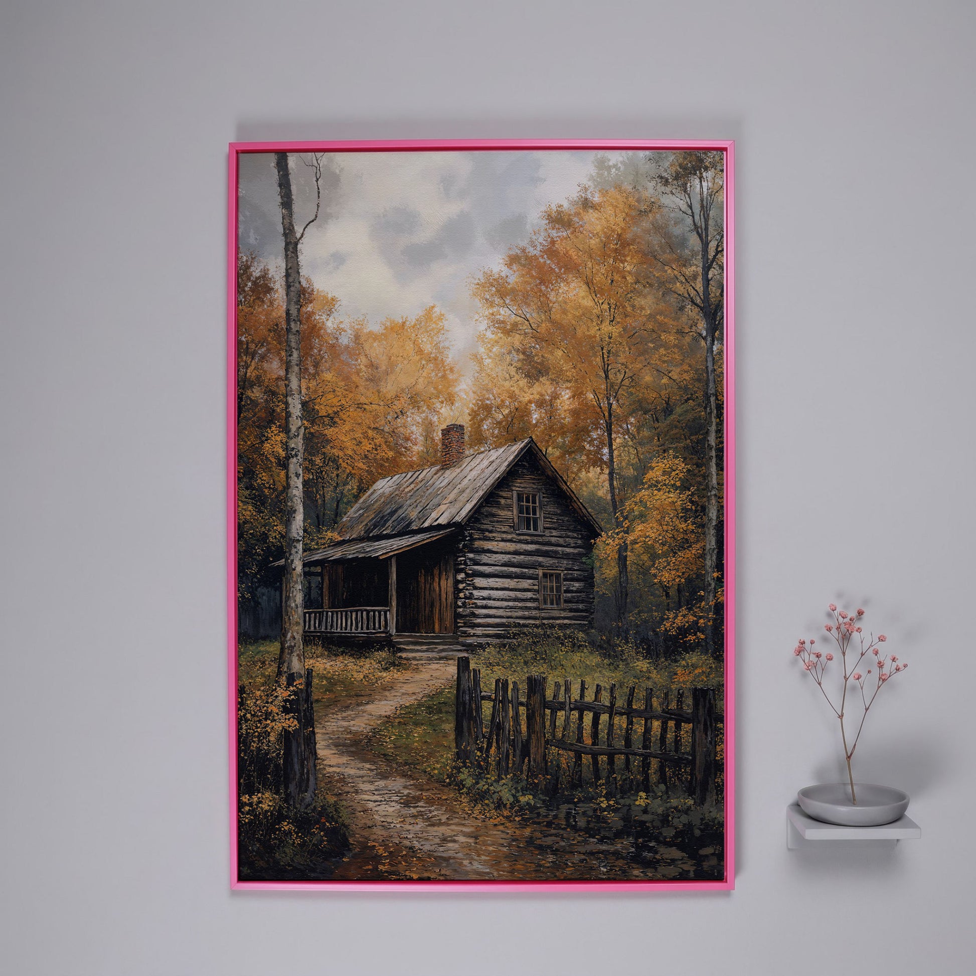 Rustic Cabin in Forest Canvas in pink floating frame