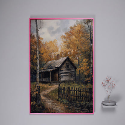 Rustic Cabin in Forest Canvas in pink floating frame