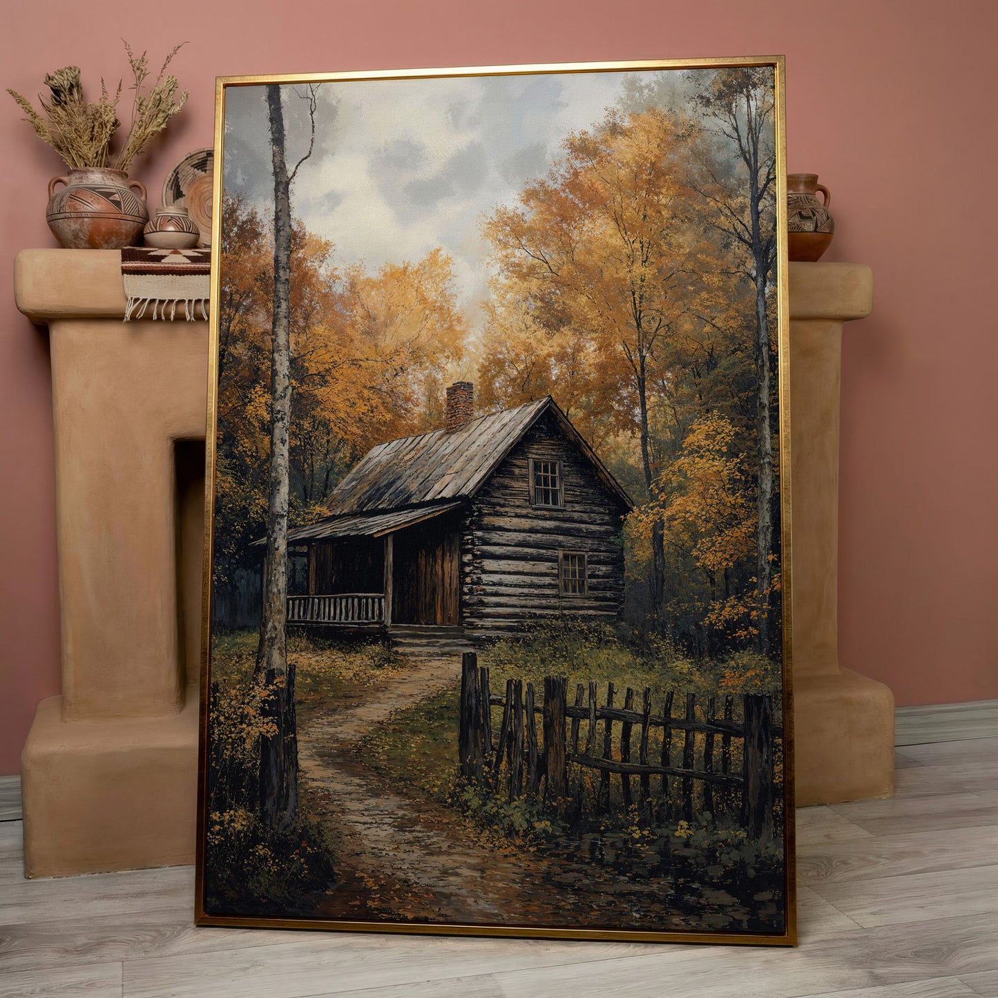 Rustic Cabin in Forest Canvas in rose gold floating frame