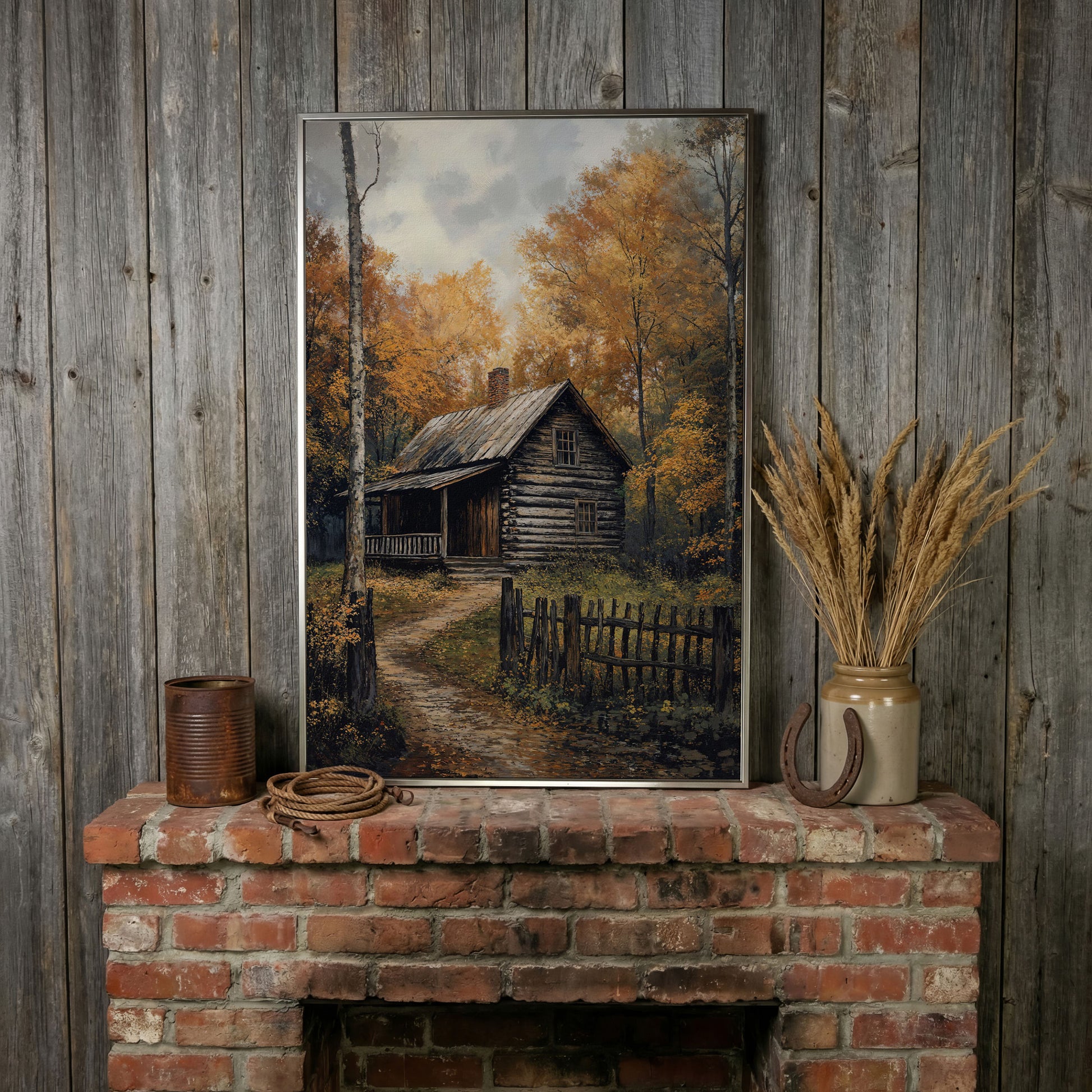 Rustic Cabin in Forest Canvas in silver floating frame