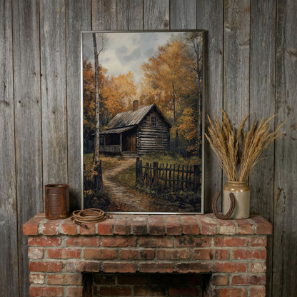 Rustic Cabin in Forest Canvas in silver floating frame