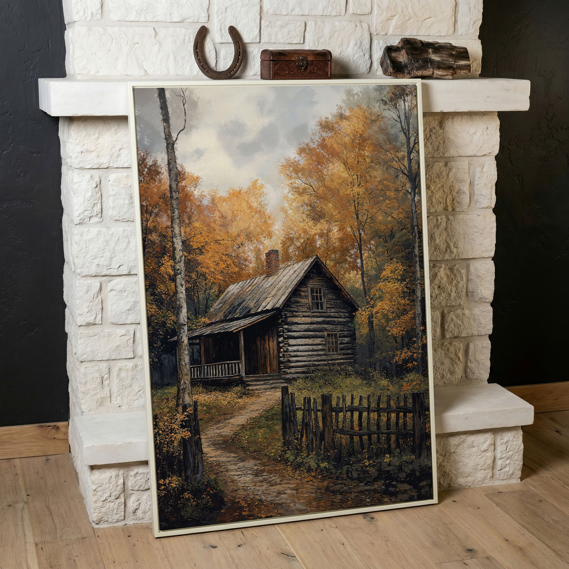 Rustic Cabin in Forest Canvas in white floating frame