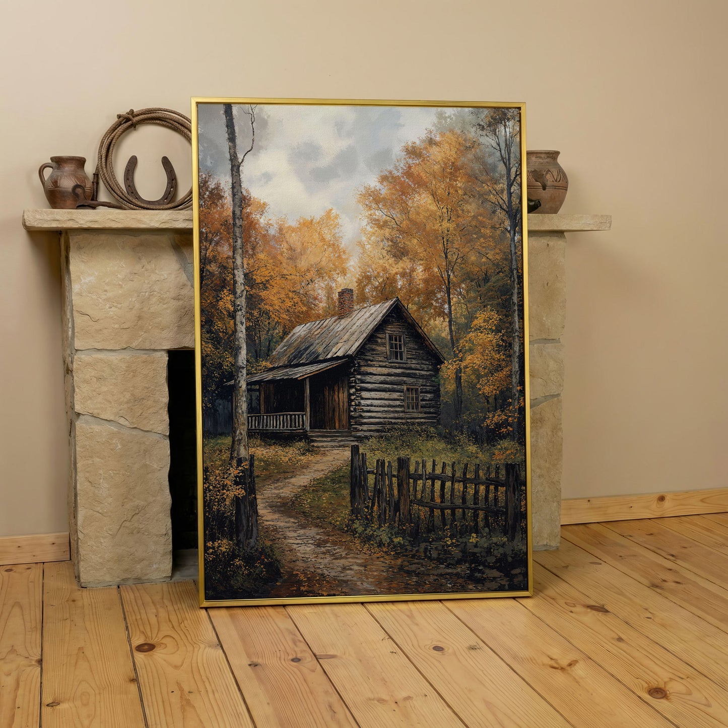 Rustic Cabin in Forest Canvas in yellow gold floating frame
