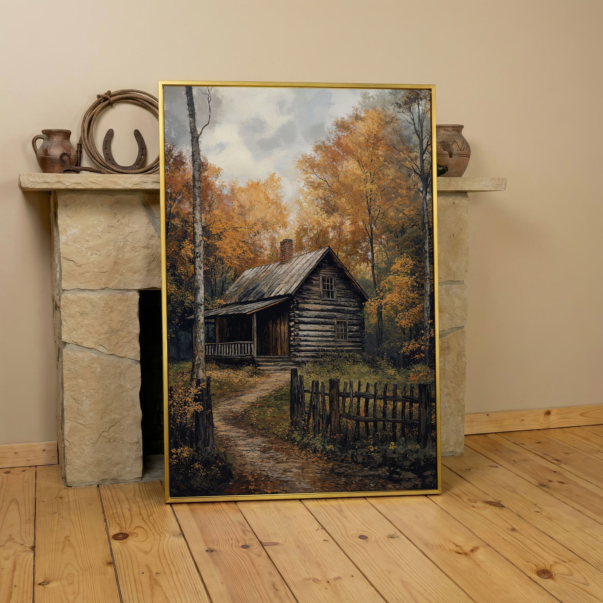 Rustic Cabin in Forest Canvas in yellow gold floating frame