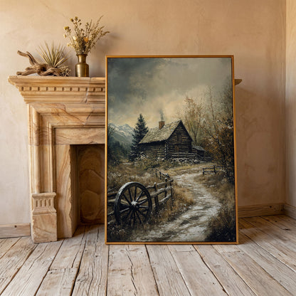 Winter Cabin on Snowy Path Canvas in antique gold floating frame