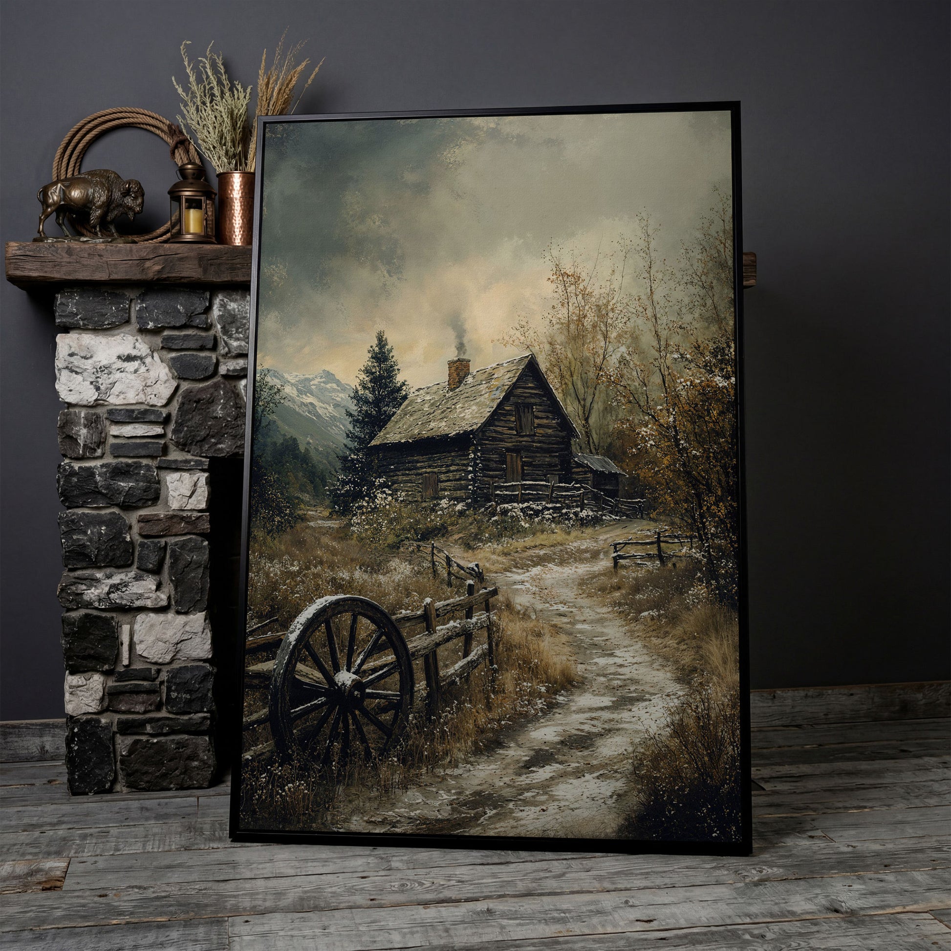 Winter Cabin on Snowy Path Canvas in black floating frame