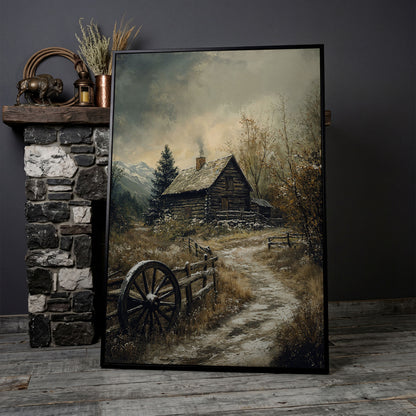 Winter Cabin on Snowy Path Canvas in black floating frame