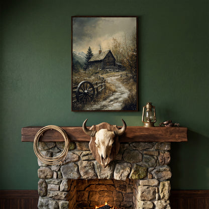 Winter Cabin on Snowy Path Canvas in dark walnut floating frame