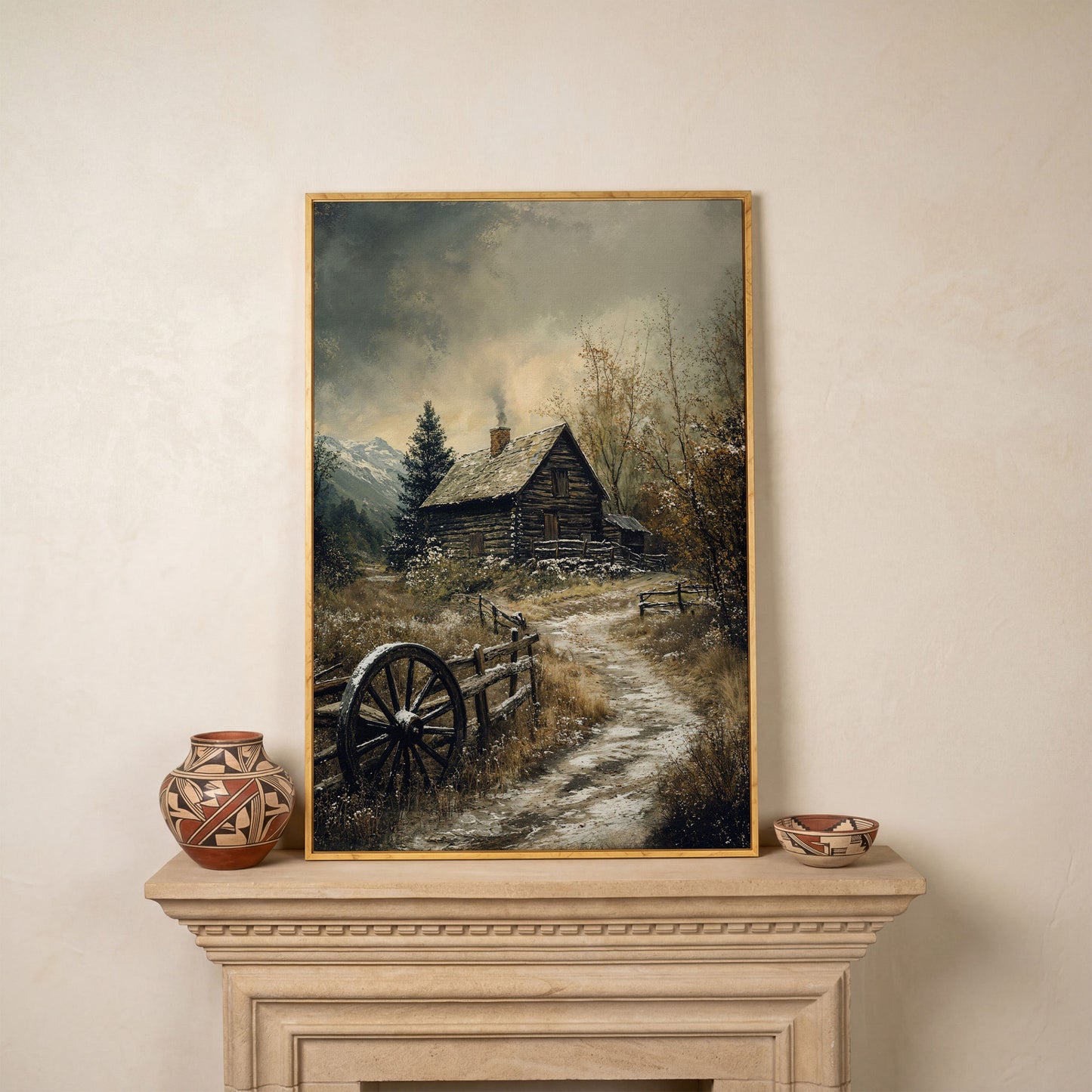 Winter Cabin on Snowy Path Canvas in white oak floating frame