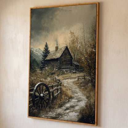 Winter Cabin on Snowy Path Canvas shown in white oak floating frame