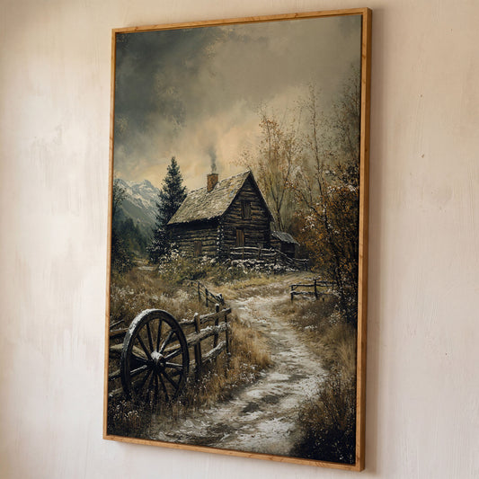 Winter Cabin on Snowy Path Canvas shown in white oak floating frame