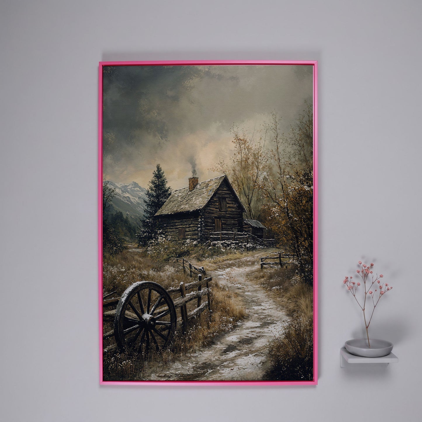 Winter Cabin on Snowy Path Canvas in pink floating frame