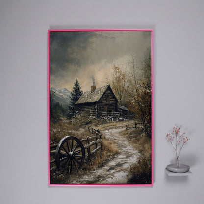 Winter Cabin on Snowy Path Canvas in pink floating frame