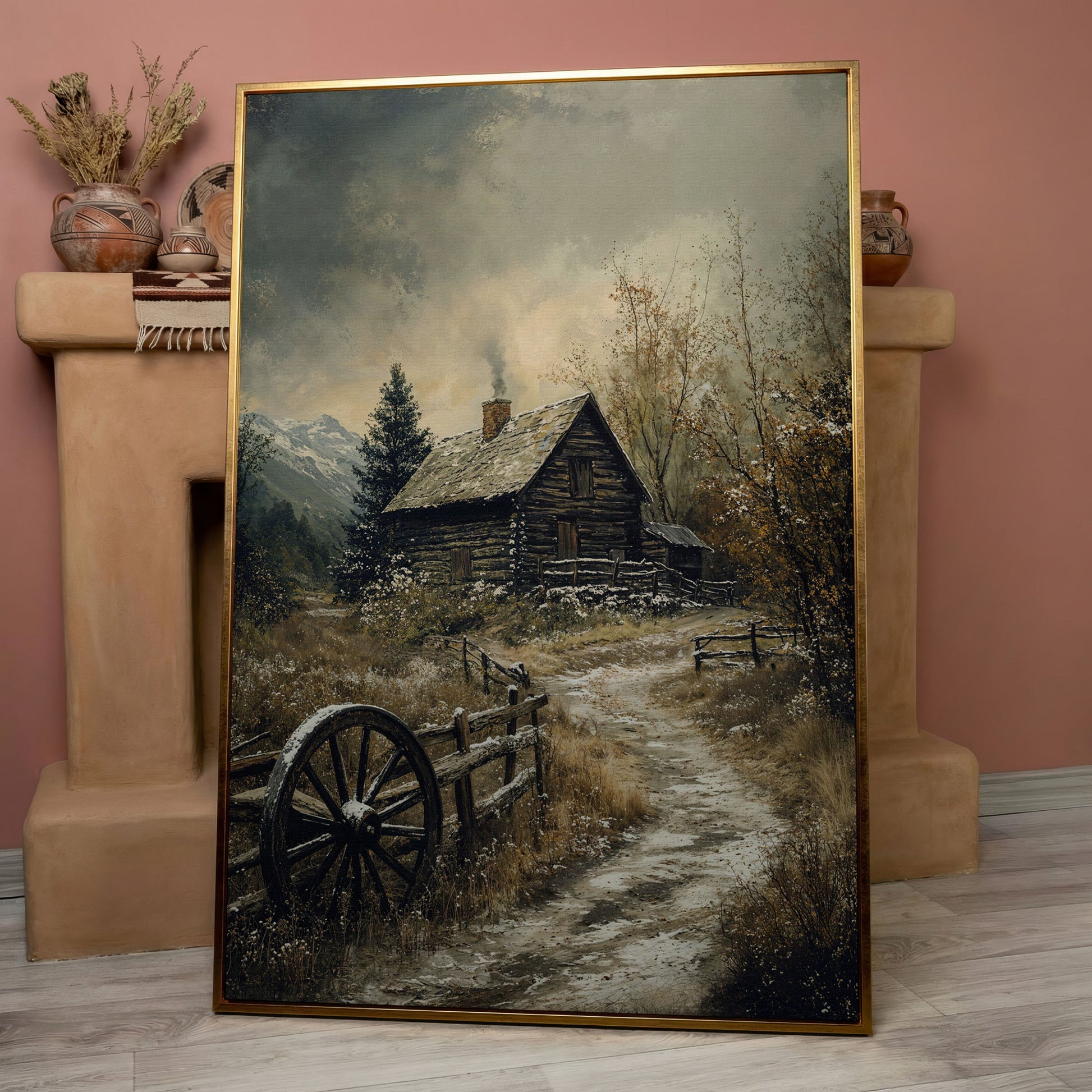 Winter Cabin on Snowy Path Canvas in rose gold floating frame