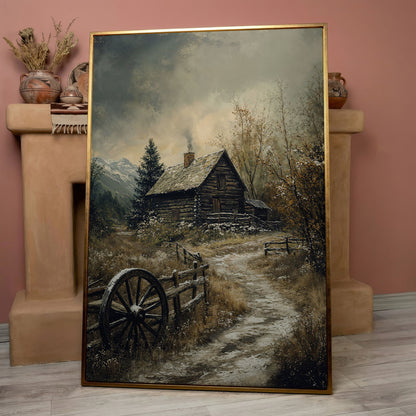 Winter Cabin on Snowy Path Canvas in rose gold floating frame