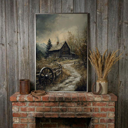 Winter Cabin on Snowy Path Canvas in silver floating frame