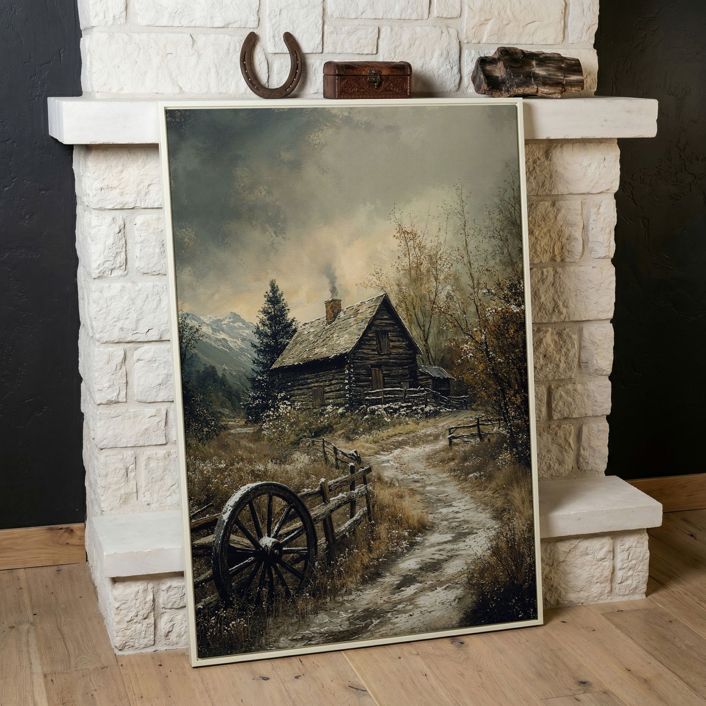 Winter Cabin on Snowy Path Canvas in white floating frame