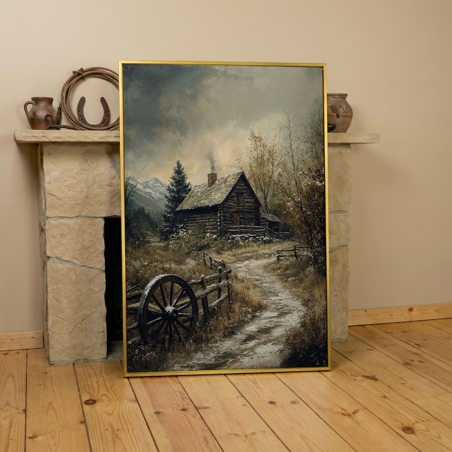 Winter Cabin on Snowy Path Canvas in yellow gold floating frame