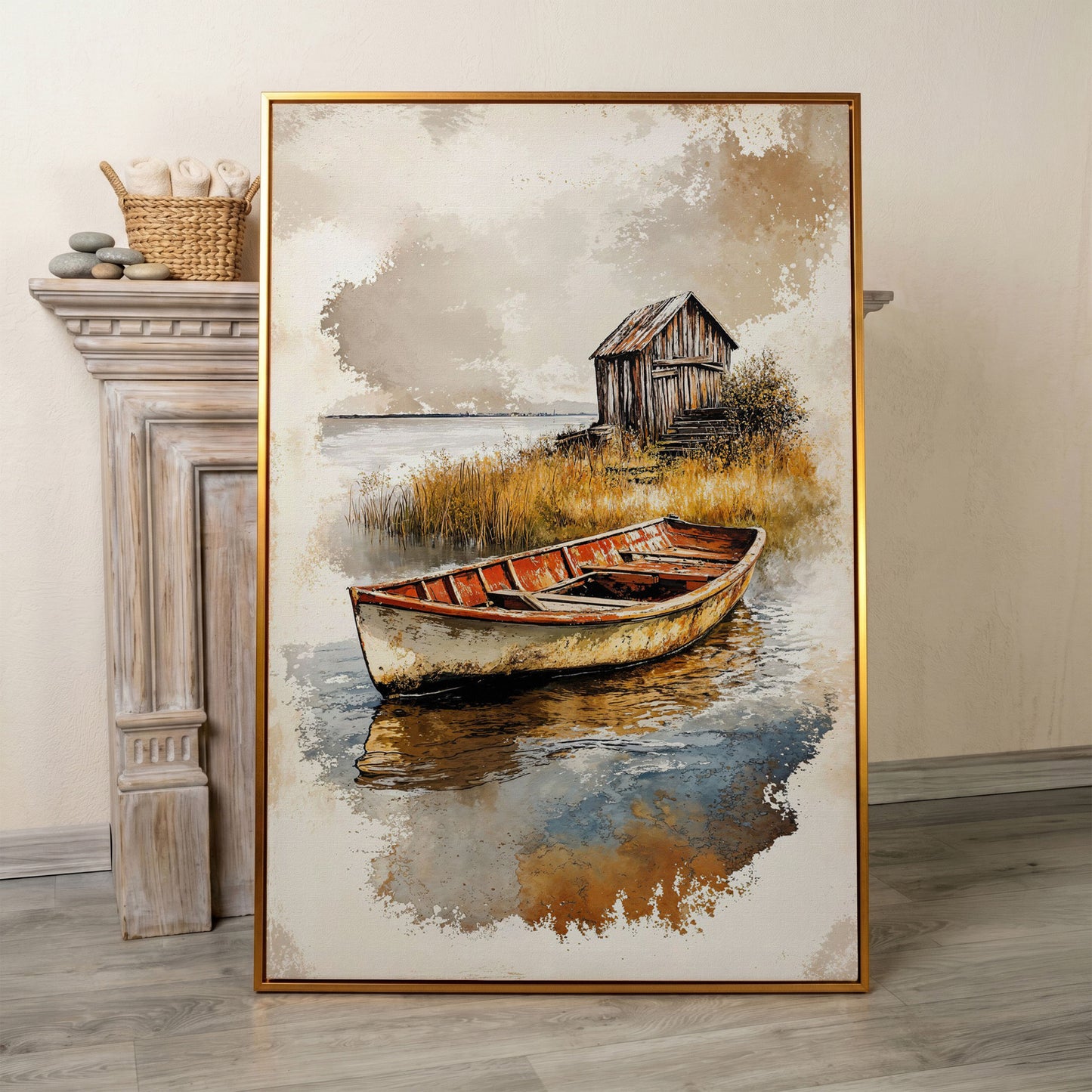 Vintage Rowboat on a Calm Lake, Rustic Cabin Canvas Print in antique gold floating frame