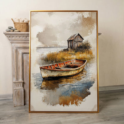 Vintage Rowboat on a Calm Lake, Rustic Cabin Canvas Print in antique gold floating frame