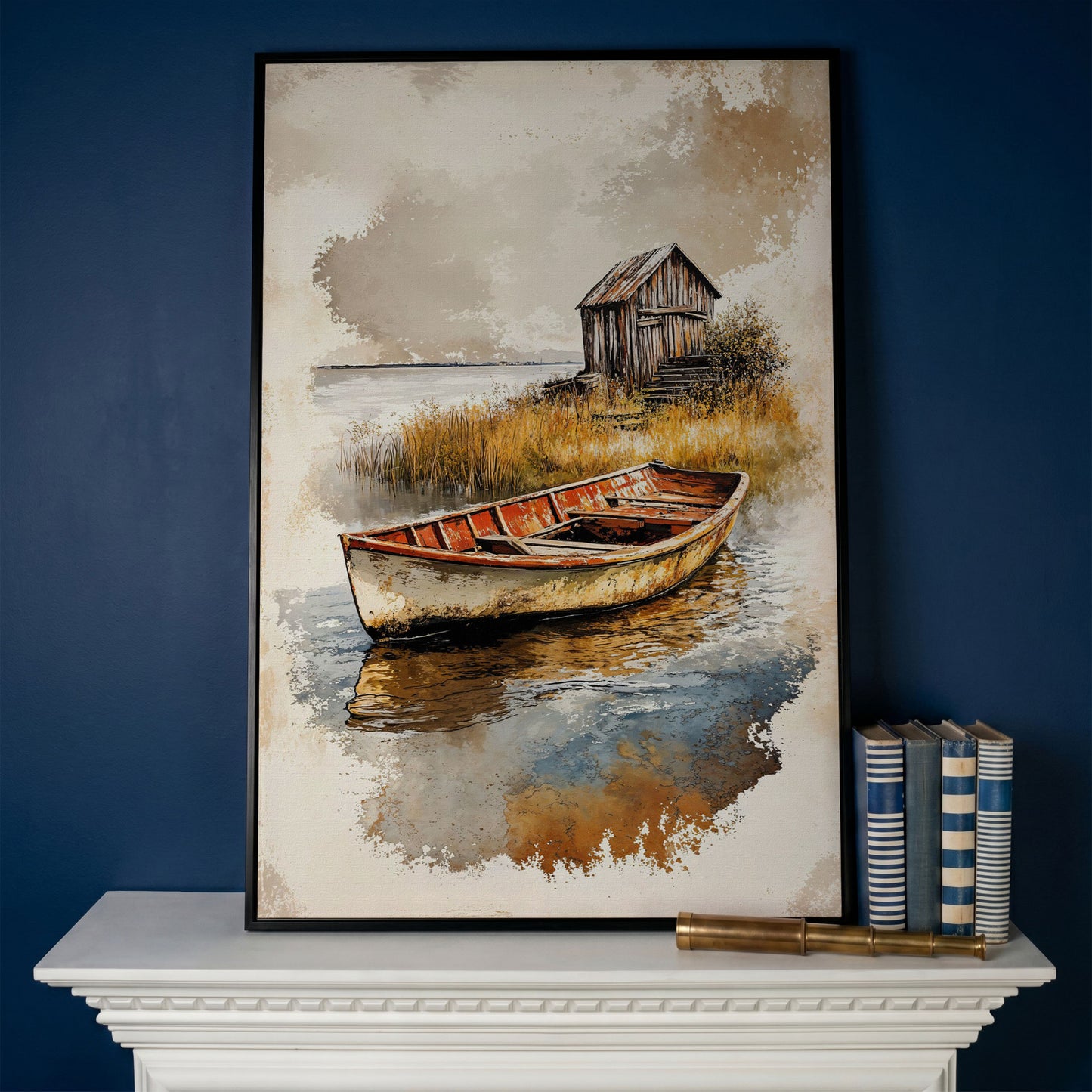 Vintage Rowboat on a Calm Lake, Rustic Cabin Canvas Print in black floating frame