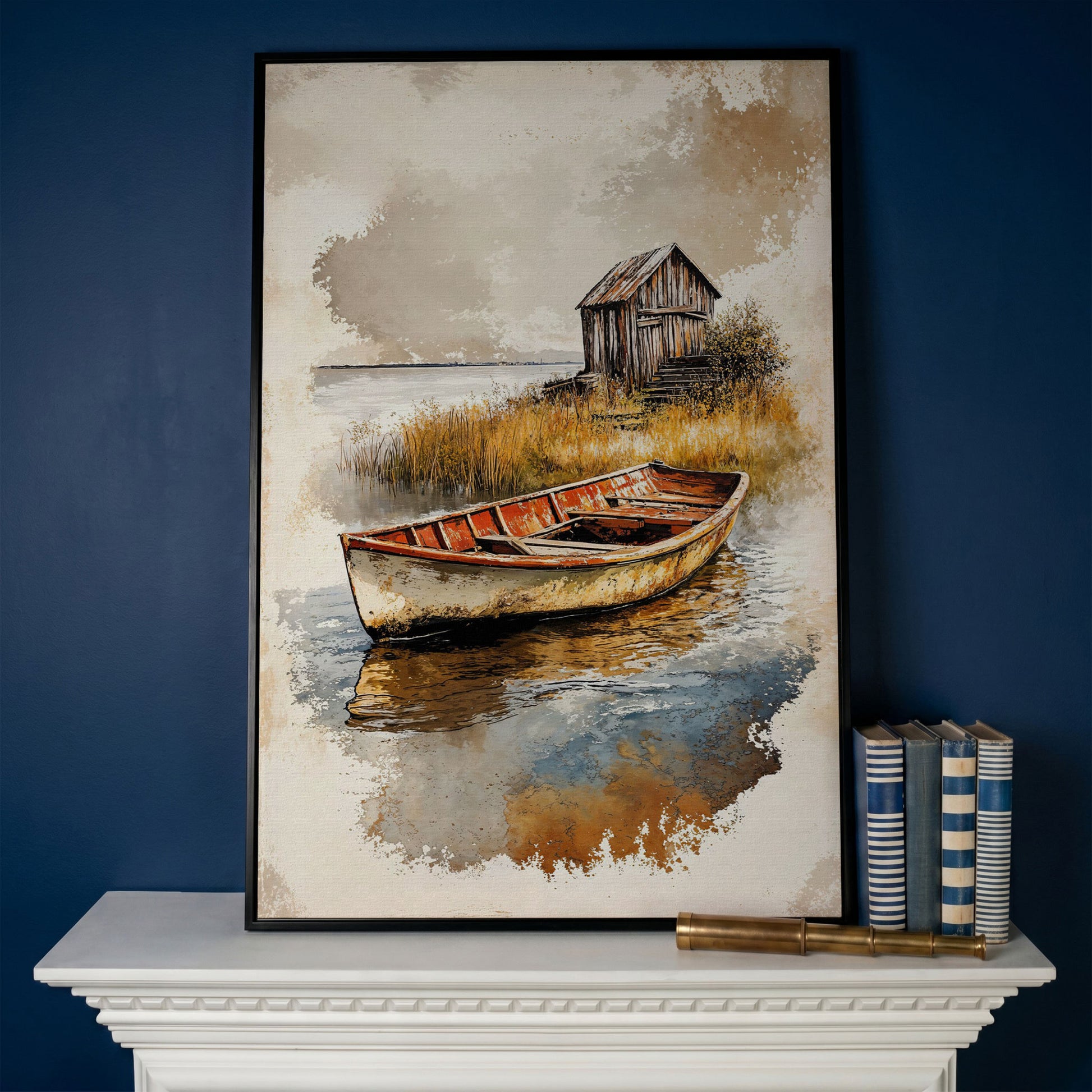 Vintage Rowboat on a Calm Lake, Rustic Cabin Canvas Print in black floating frame