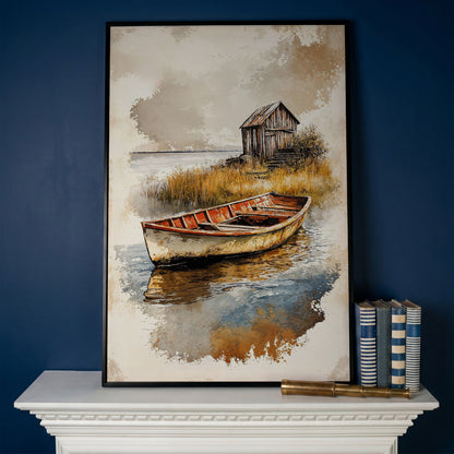 Vintage Rowboat on a Calm Lake, Rustic Cabin Canvas Print in black floating frame
