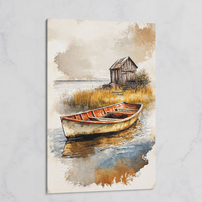 Vintage Rowboat on a Calm Lake, Rustic Cabin Canvas Print on gallery wrap