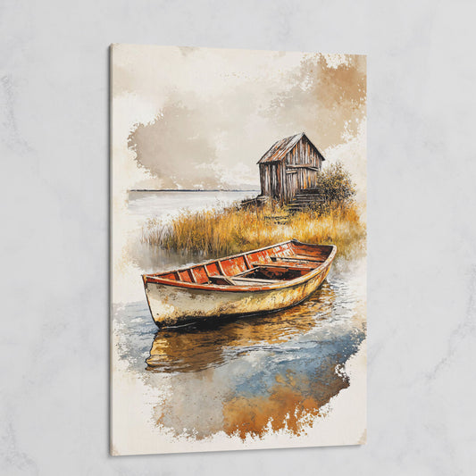 Vintage Rowboat on a Calm Lake, Rustic Cabin Canvas Print on gallery wrap