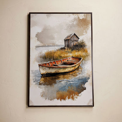 Vintage Rowboat on a Calm Lake, Rustic Cabin Canvas Print in dark walnut floating frame