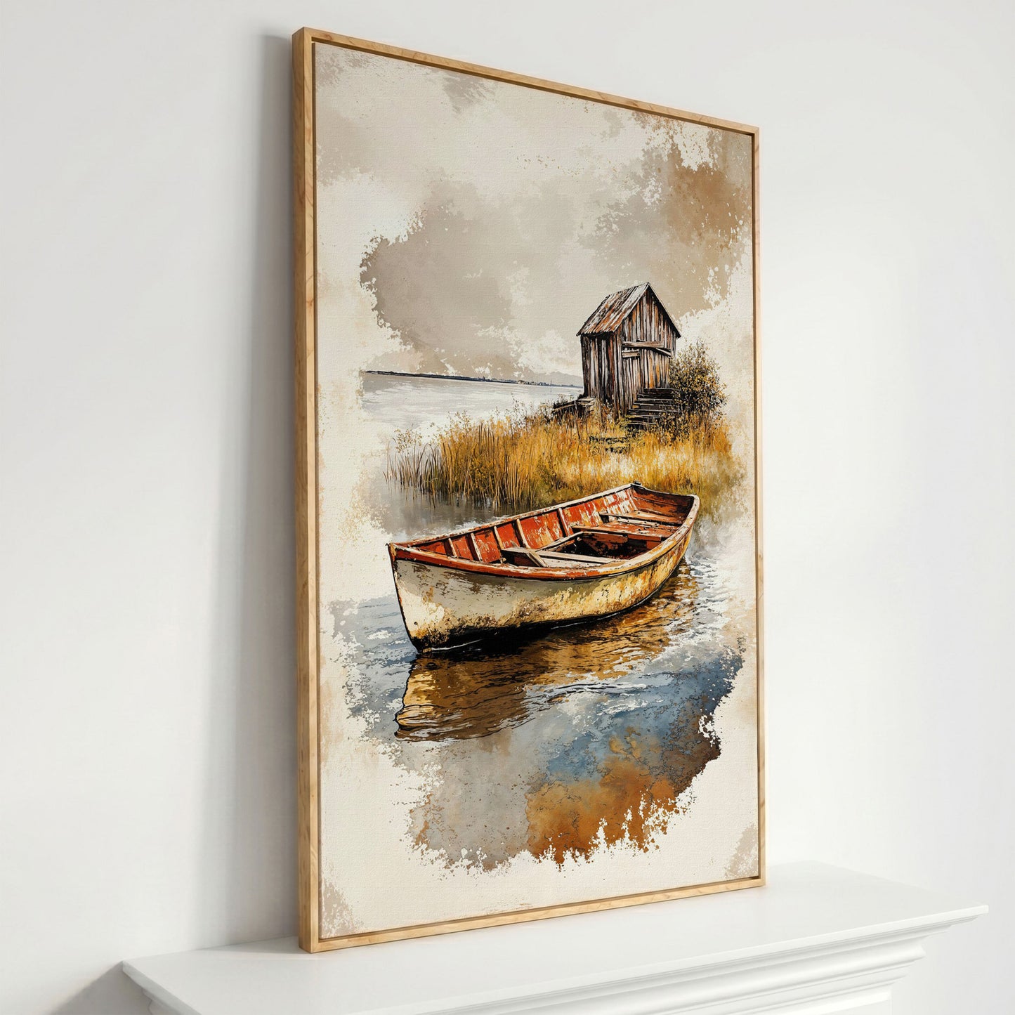 Vintage Rowboat on a Calm Lake, Rustic Cabin Canvas Print in white oak floating frame