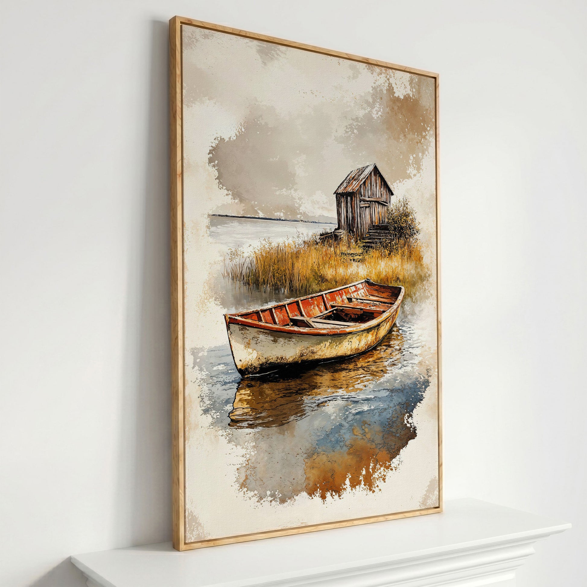 Vintage Rowboat on a Calm Lake, Rustic Cabin Canvas Print in white oak floating frame