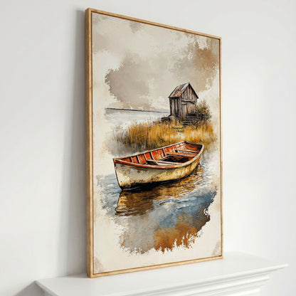 Vintage Rowboat on a Calm Lake, Rustic Cabin Canvas Print in white oak floating frame