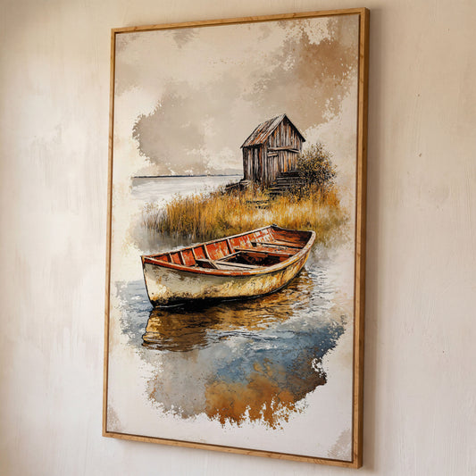 Vintage Rowboat on a Calm Lake, Rustic Cabin Canvas Print shown in white oak floating frame