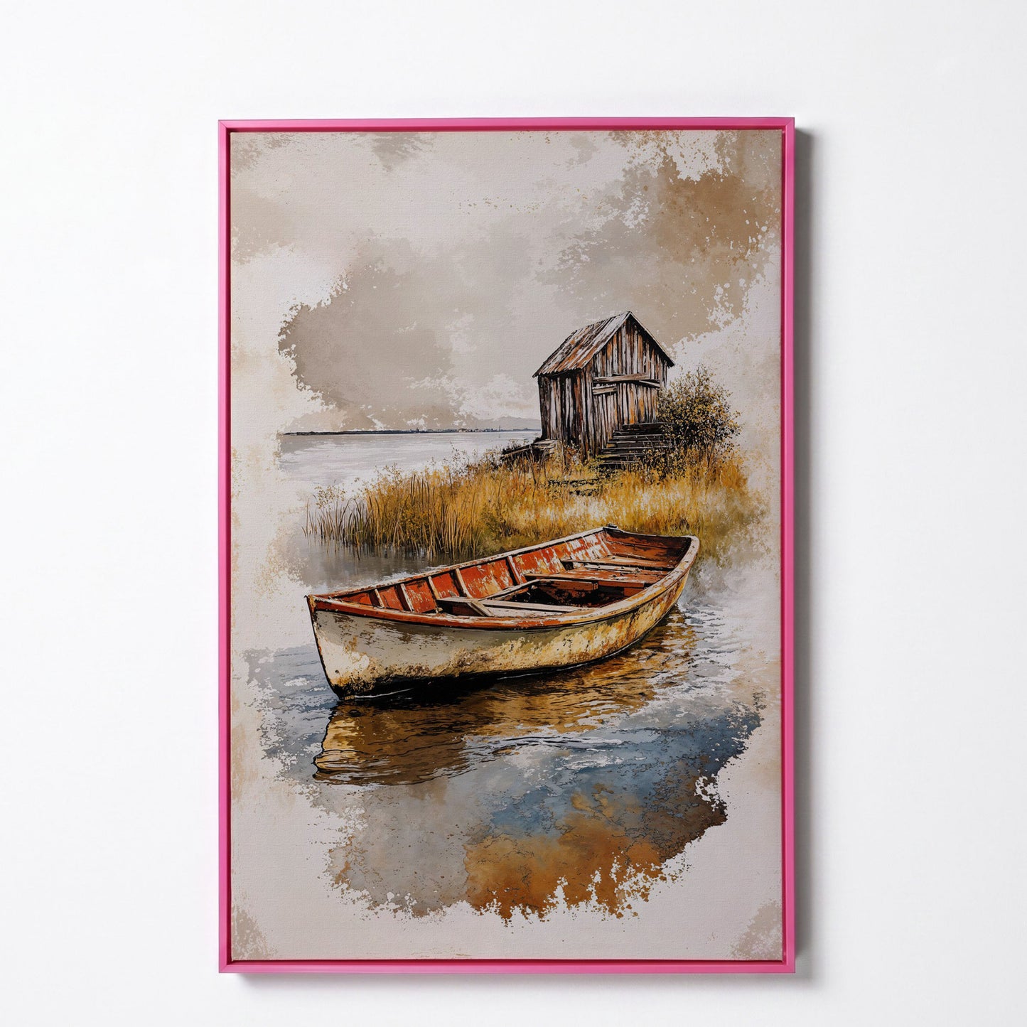 Vintage Rowboat on a Calm Lake, Rustic Cabin Canvas Print in pink floating frame
