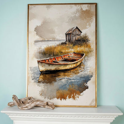 Vintage Rowboat on a Calm Lake, Rustic Cabin Canvas Print in rose gold floating frame