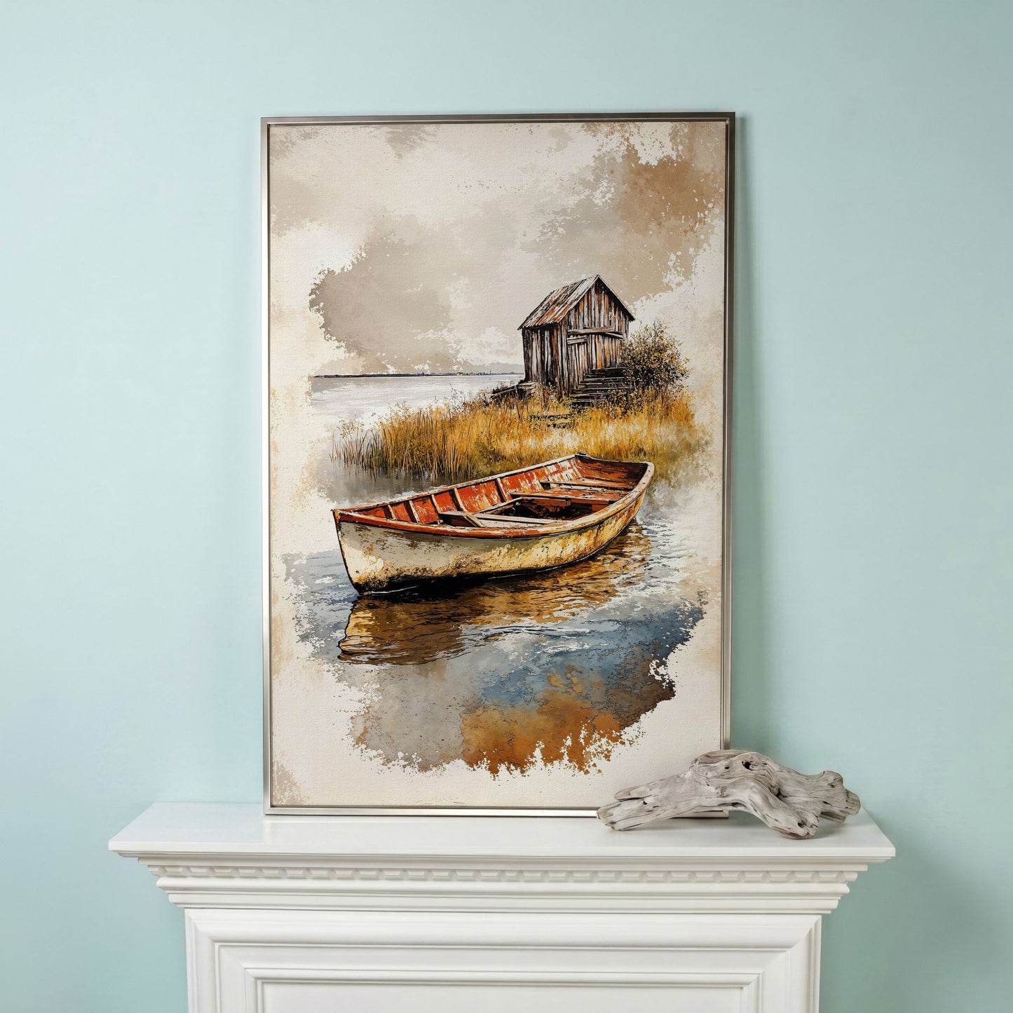 Vintage Rowboat on a Calm Lake, Rustic Cabin Canvas Print in silver floating frame