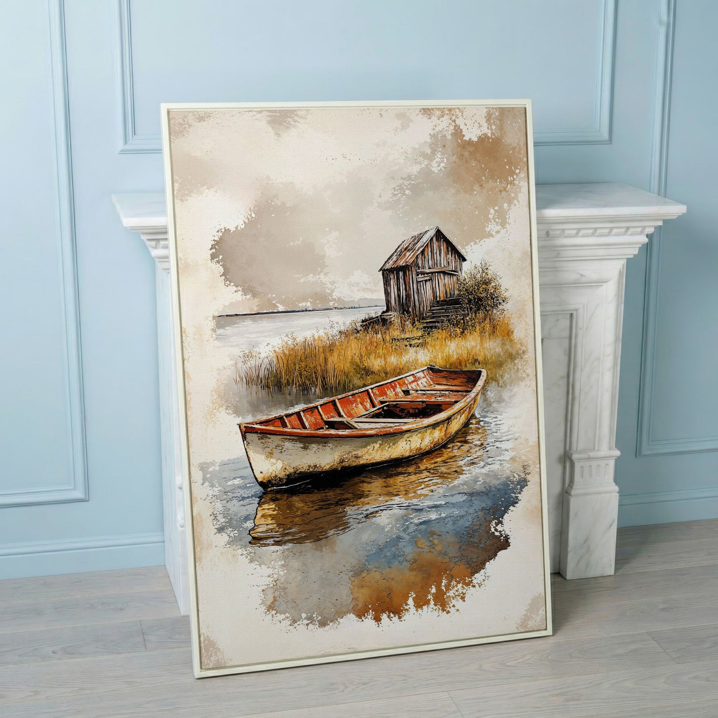 Vintage Rowboat on a Calm Lake, Rustic Cabin Canvas Print in white floating frame