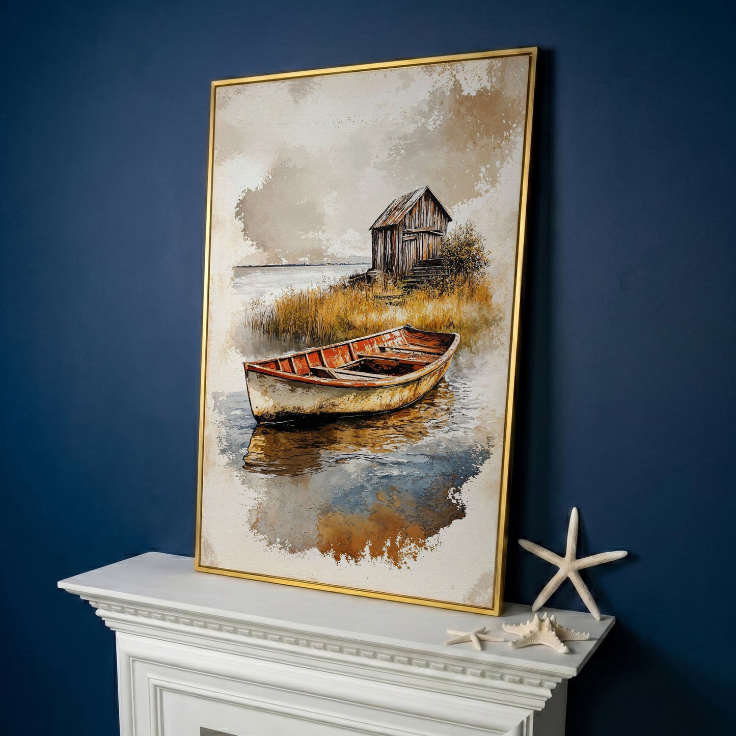 Vintage Rowboat on a Calm Lake, Rustic Cabin Canvas Print in yellow gold floating frame