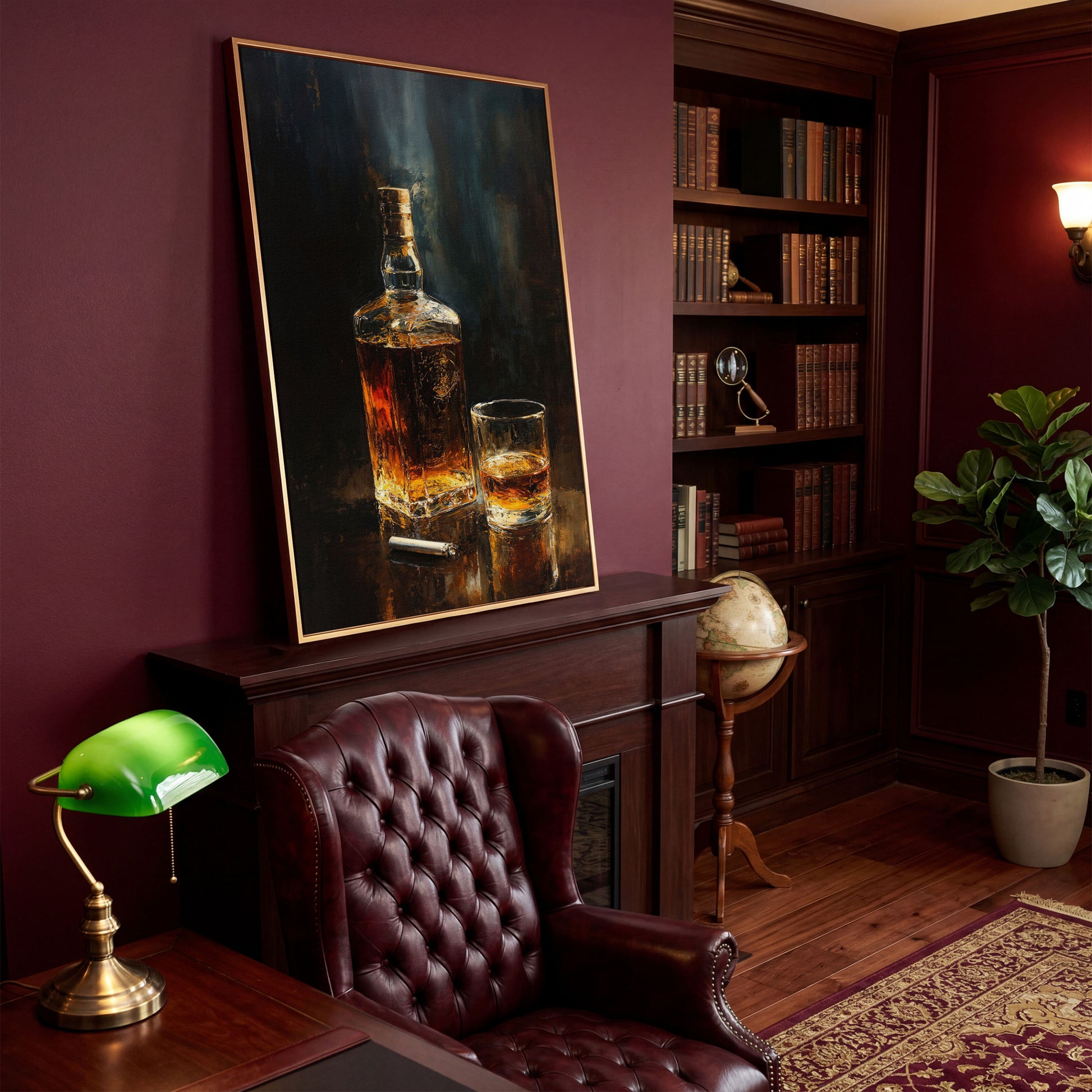 Whiskey and Cigar Canvas Print for Bar Walls in antique gold floating frame