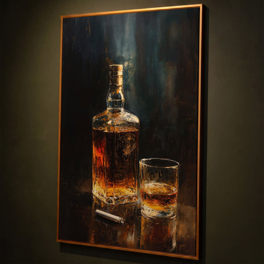 Whiskey and Cigar Canvas Print for Bar Walls shown in antique gold floating frame