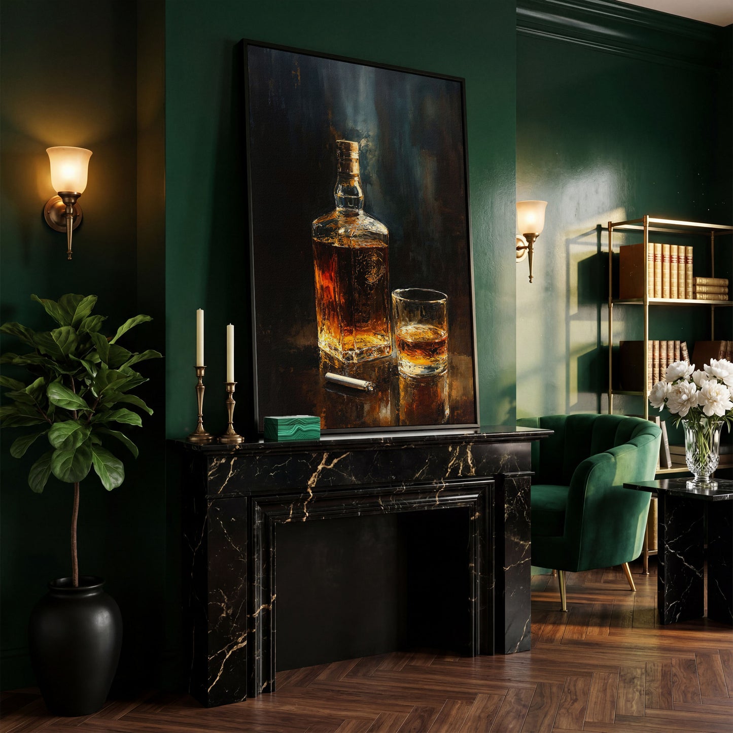 Whiskey and Cigar Canvas Print for Bar Walls in black floating frame