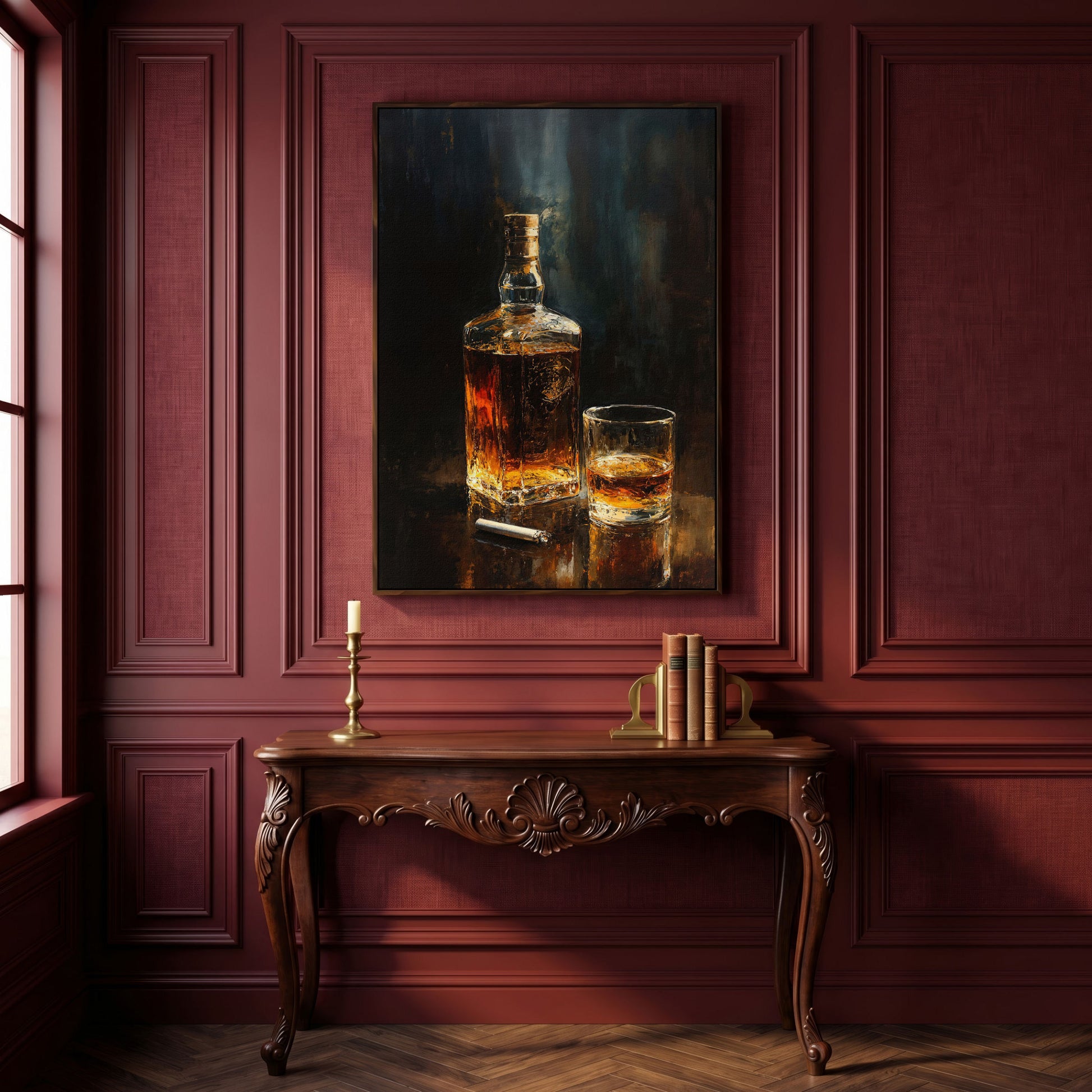 Whiskey and Cigar Canvas Print for Bar Walls in dark walnut floating frame