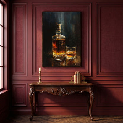 Whiskey and Cigar Canvas Print for Bar Walls in dark walnut floating frame
