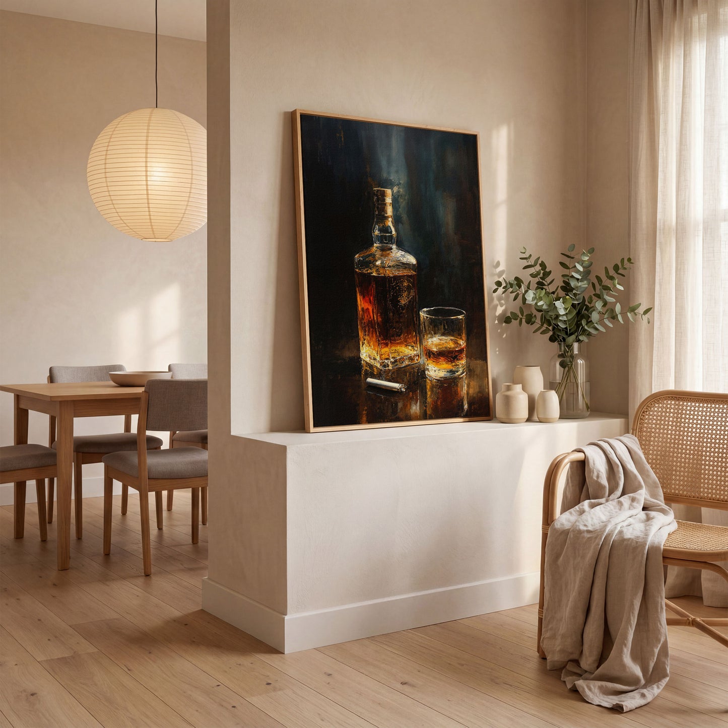 Whiskey and Cigar Canvas Print for Bar Walls in white oak floating frame