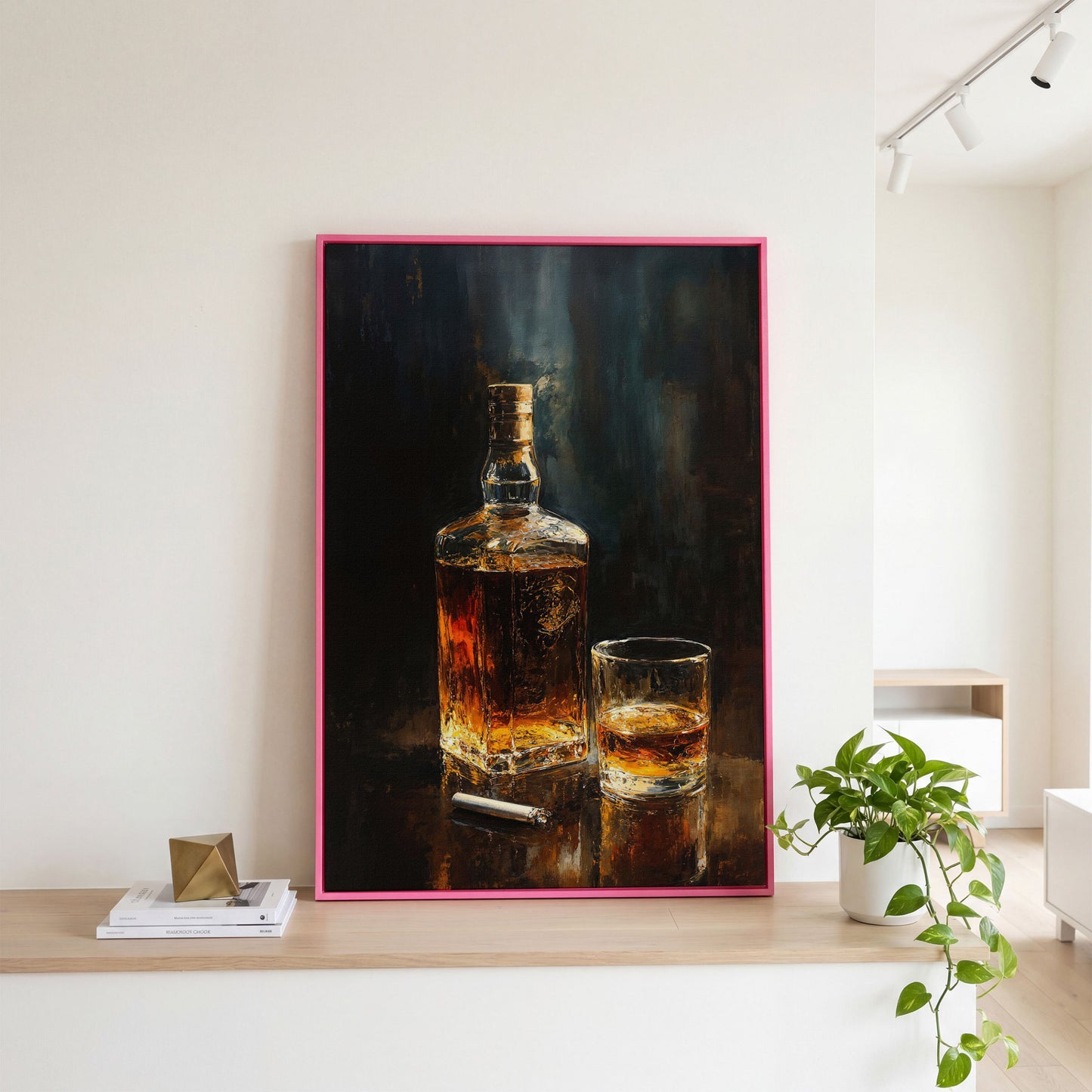 Whiskey and Cigar Canvas Print for Bar Walls in pink floating frame